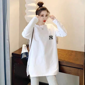 T恤秋装 2024新款 圆领开叉打底衫 孕妇长袖 中长款 白色内搭遮肚上衣