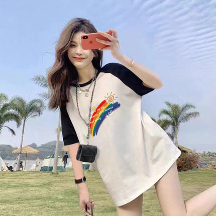 孕妇短袖T恤女夏装2024新款韩版纯棉宽松插肩袖打底衫中长款上衣