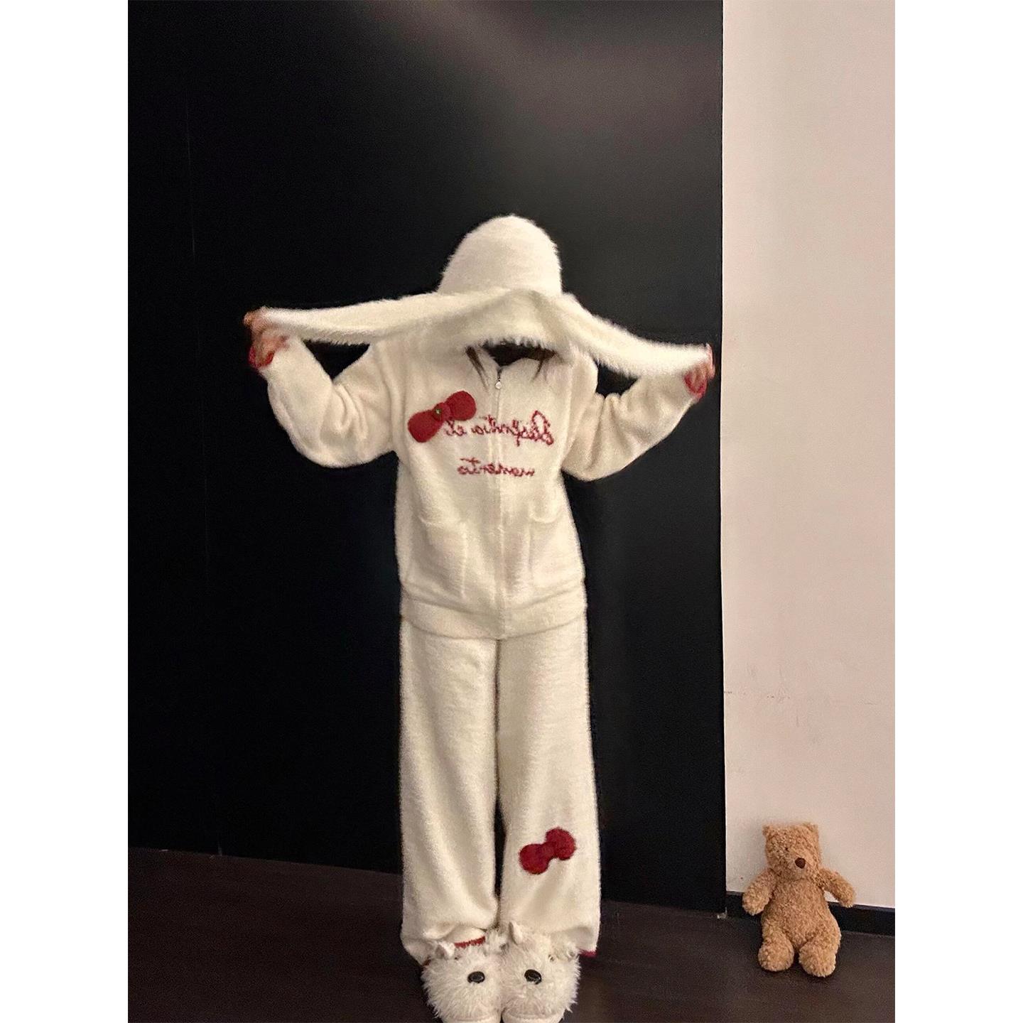 日本yougelatopique可爱兔耳朵连帽半边绒睡衣女秋冬季长袖家居服