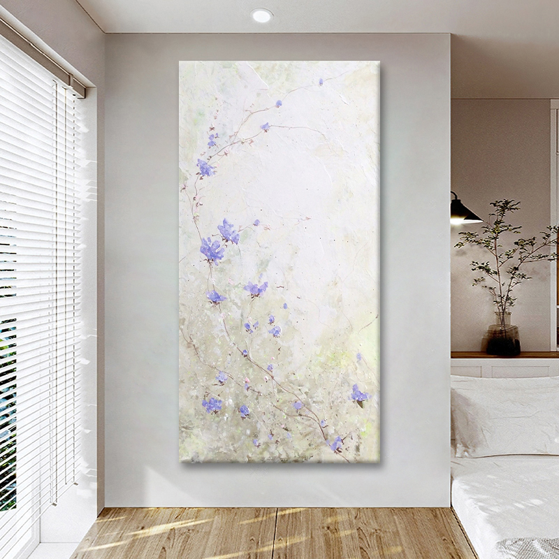 奶油风纯手绘油画紫藤花玄关装饰画客厅抽象丙烯肌理紫色花卉挂画图片