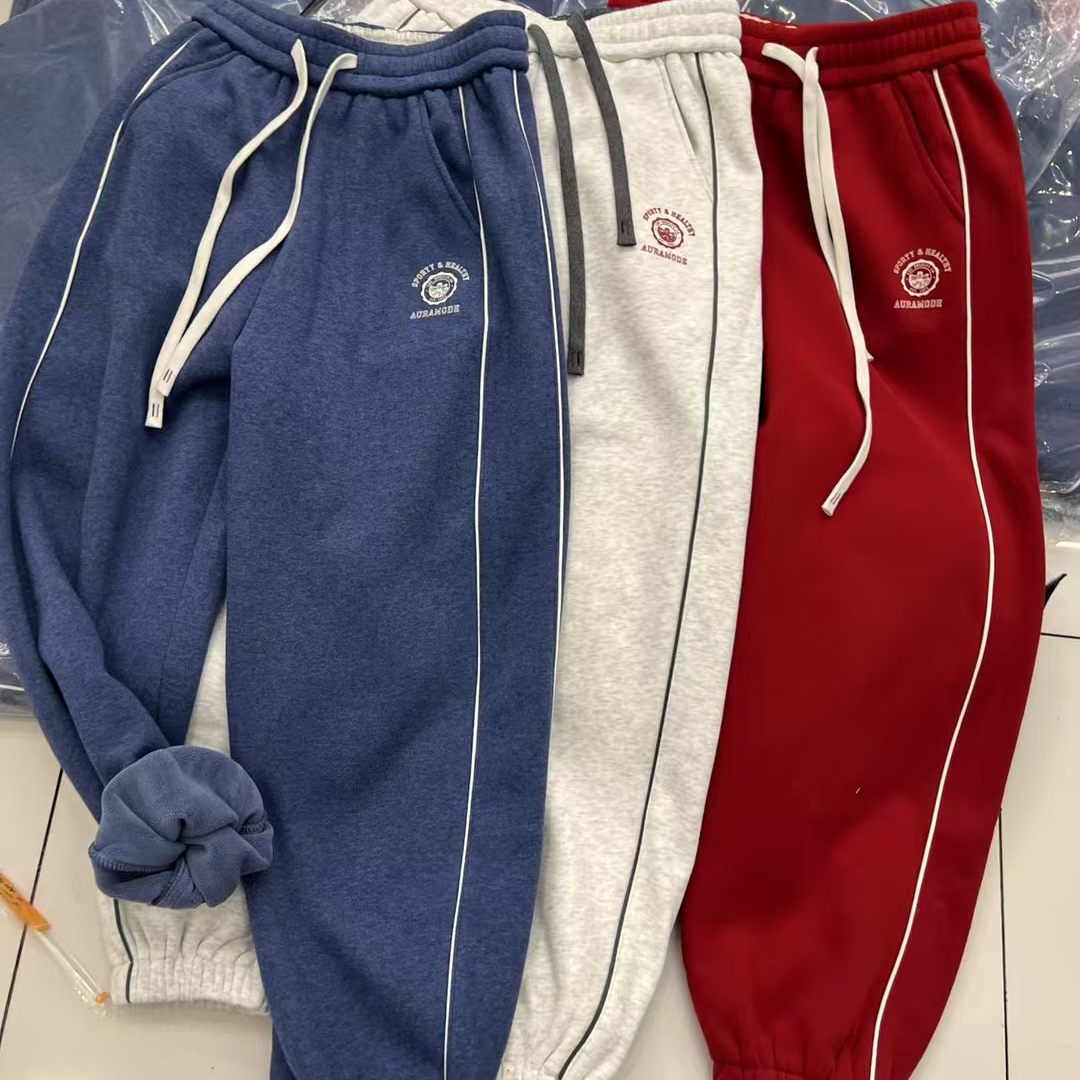 欧范儿2025冬季新款松紧腰系带字母图案竖条纹收口加绒加厚休闲裤