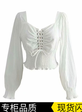 冬季新款女法式复古方领露锁骨上衣绑带长袖宫廷风泡泡袖衬衫短款