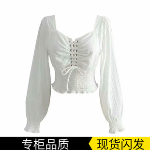 衬衫 复古方领露锁骨上衣绑带长袖 宫廷风泡泡袖 短款 新款 夏季 女法式