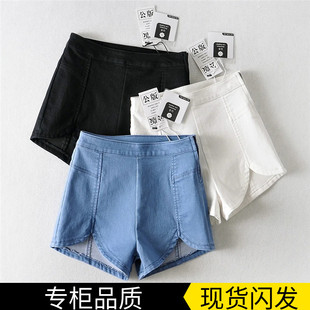 欧美风冬季弹力包臀高腰牛仔短裤修身显瘦花瓣型侧拉链短裤热裤女