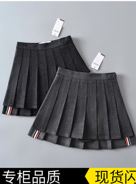 TB百褶裙冬季新款高腰学院风前短后长A字裙厚毛呢半身裙短裙裤女