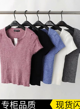 包邮欧美风简约百搭小v领开领高腰短袖中短款T恤打底针织衫