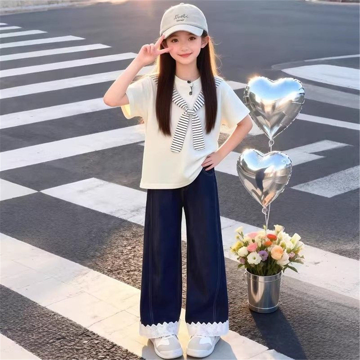 女童夏季休闲9两件套洋气12岁中大童薄款披肩短袖t恤阔腿裤套装