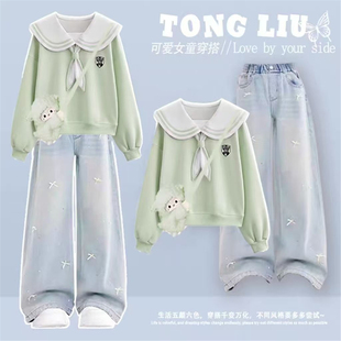 女童可爱学院风海军领卫衣牛仔裤套装春秋少女中大童初中生两件套