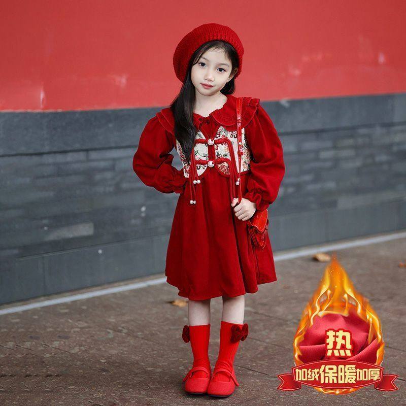 女童中式国风加绒保暖连衣公主裙