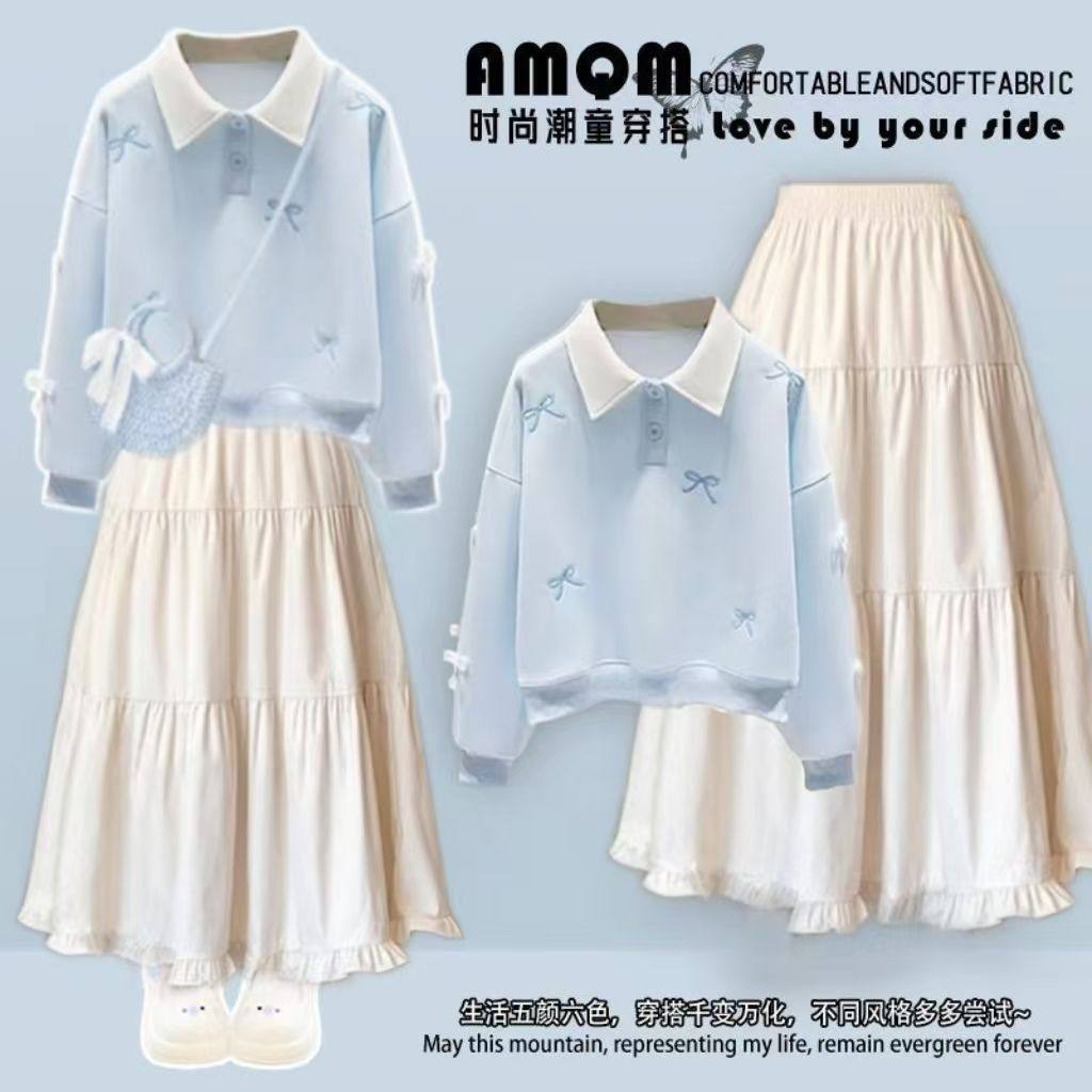 女童春秋装2025新款套装蝴蝶结卫衣半身裙初中高中学生小香风裙子