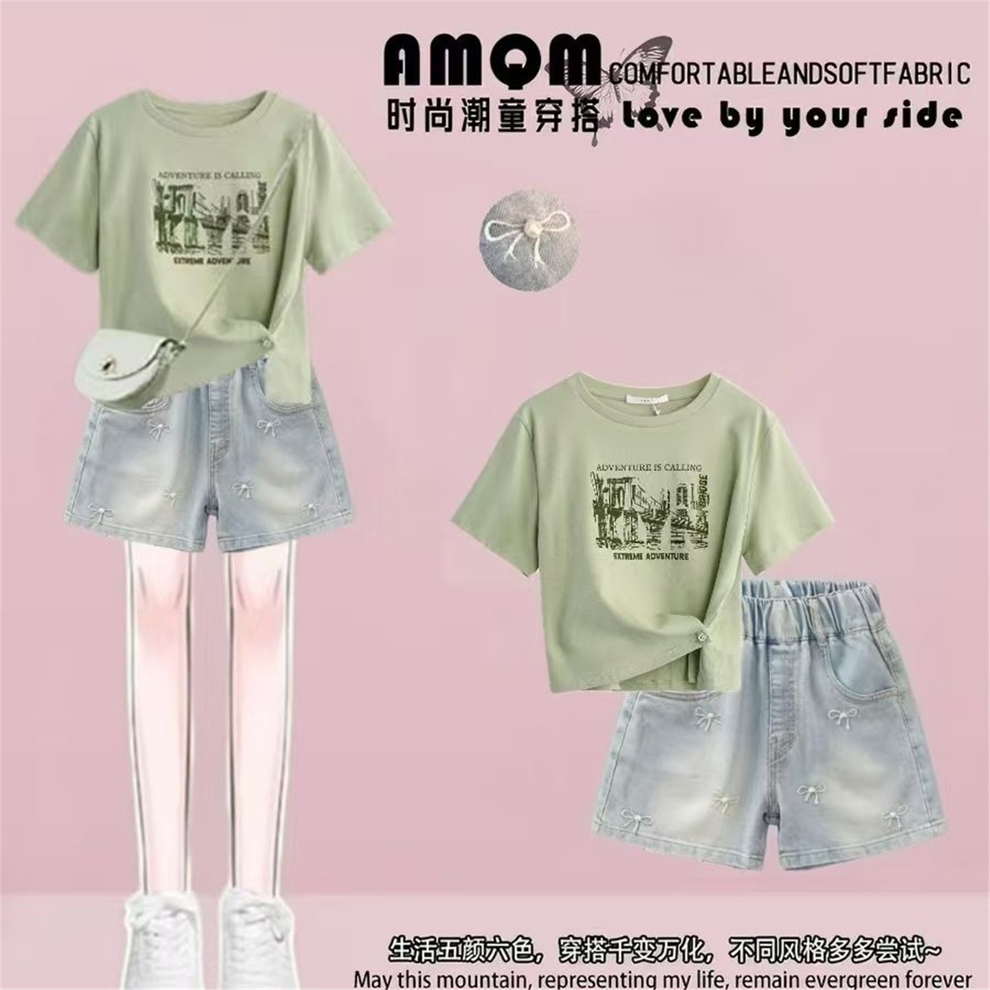 女童夏季短袖T恤牛仔短裤套装9岁女孩中大童12岁学生休闲15两件套