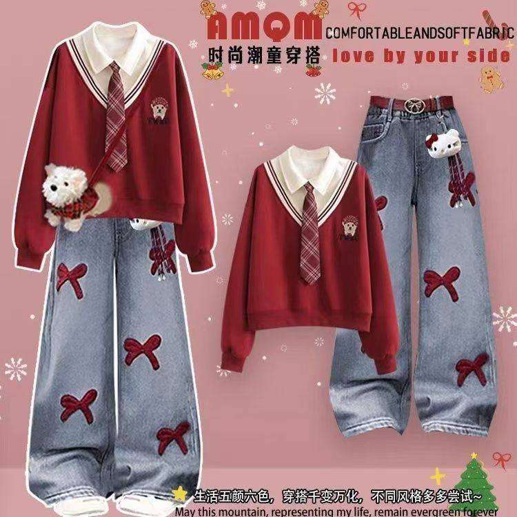 女童学院风加绒蝴蝶结新年套装12