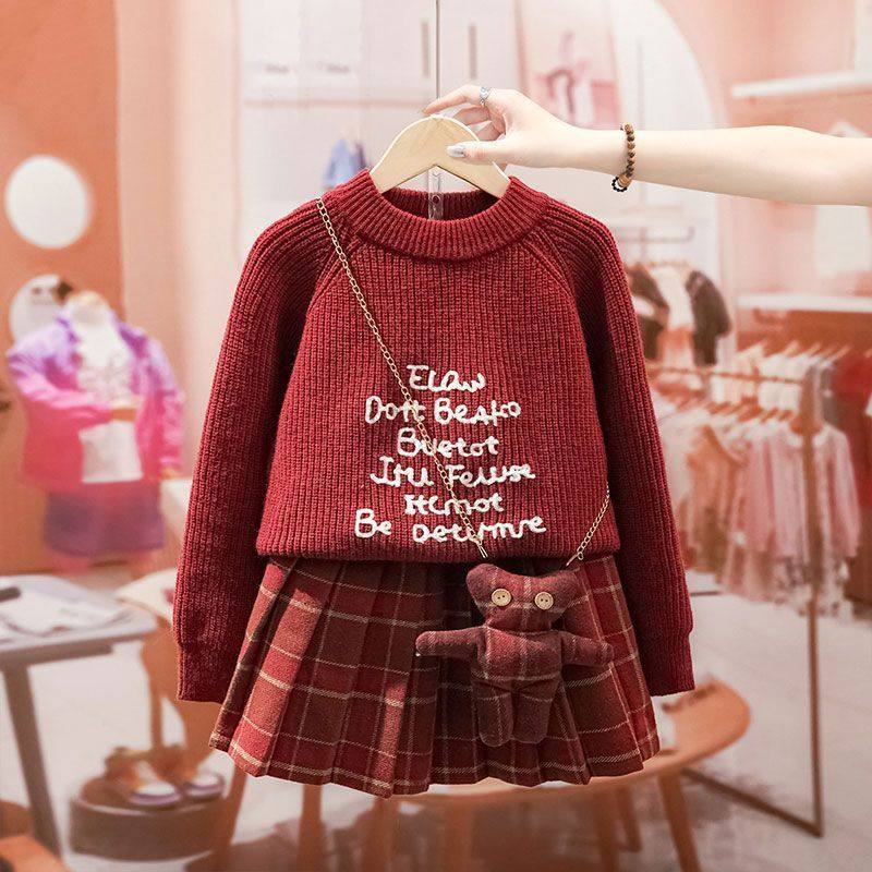 女童加绒毛衣格子百褶裙两件套