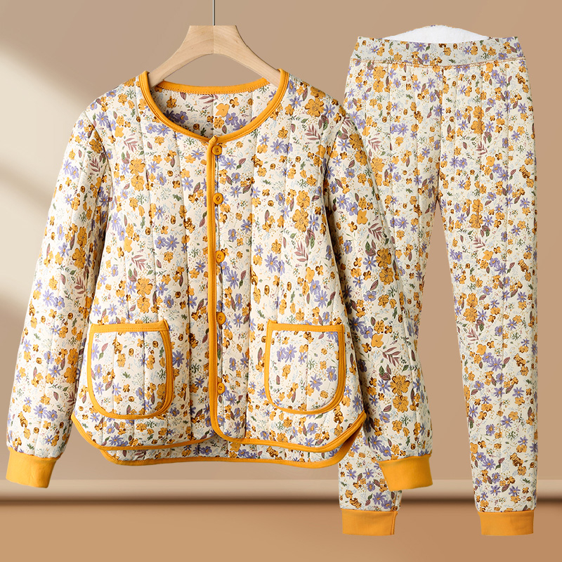 妈妈秋冬新加厚保暖棉衣棉裤两件套中老年人洋气印花居家棉服套装