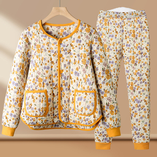 妈妈秋冬新加厚保暖棉衣棉裤 两件套中老年人洋气印花居家棉服套装