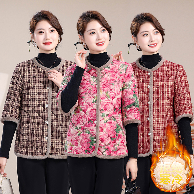 妈妈装中袖加绒马甲女秋冬保暖格子圆领中老年人居家洋气棉衣马夹