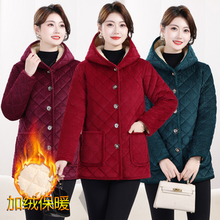 中老年人女装灯芯绒连帽棉服加厚保暖妈妈秋冬季大码加绒棉衣外套