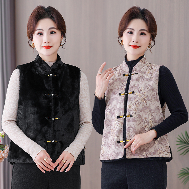 妈妈秋冬新款加绒加厚保暖双面穿马甲中老年洋气国风中式坎肩棉衣