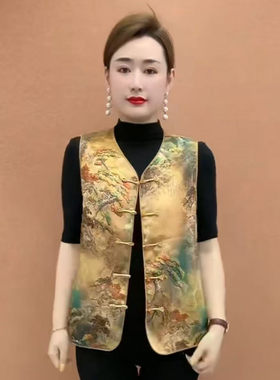 中老年人女妈妈新款国风圆领盘扣马甲春秋复古新中式背心印花坎肩