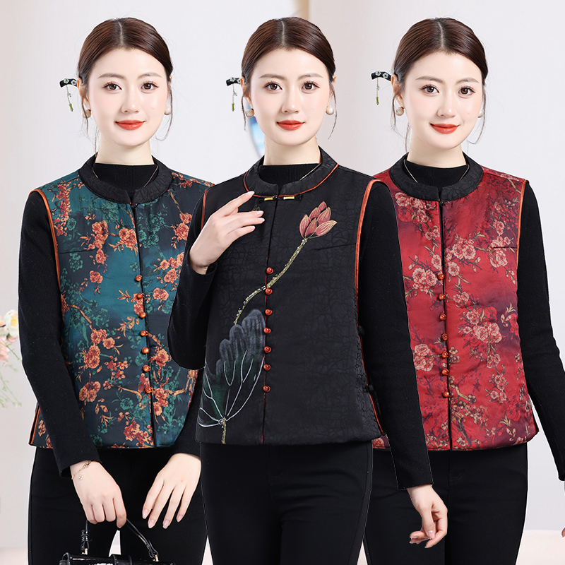 中老年人新中式国风秋冬加棉马甲妈妈荷叶双面穿复古盘扣无袖马夹