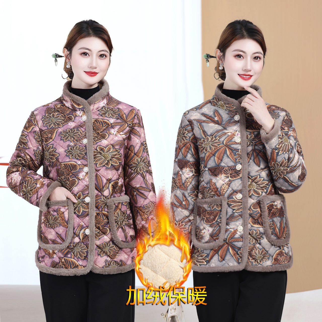 中老年人女加厚碎花棉服立领加绒保暖棉衣妈妈装冬季居家印花外套