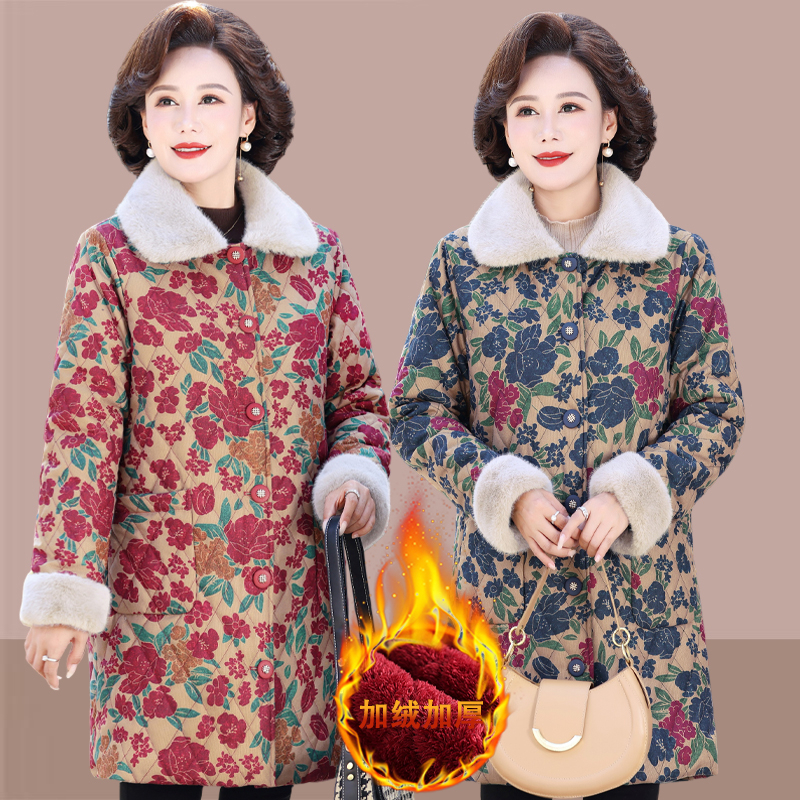 妈妈加绒加厚中长款秋冬保暖棉服中老年洋气大码翻领印花棉衣外套