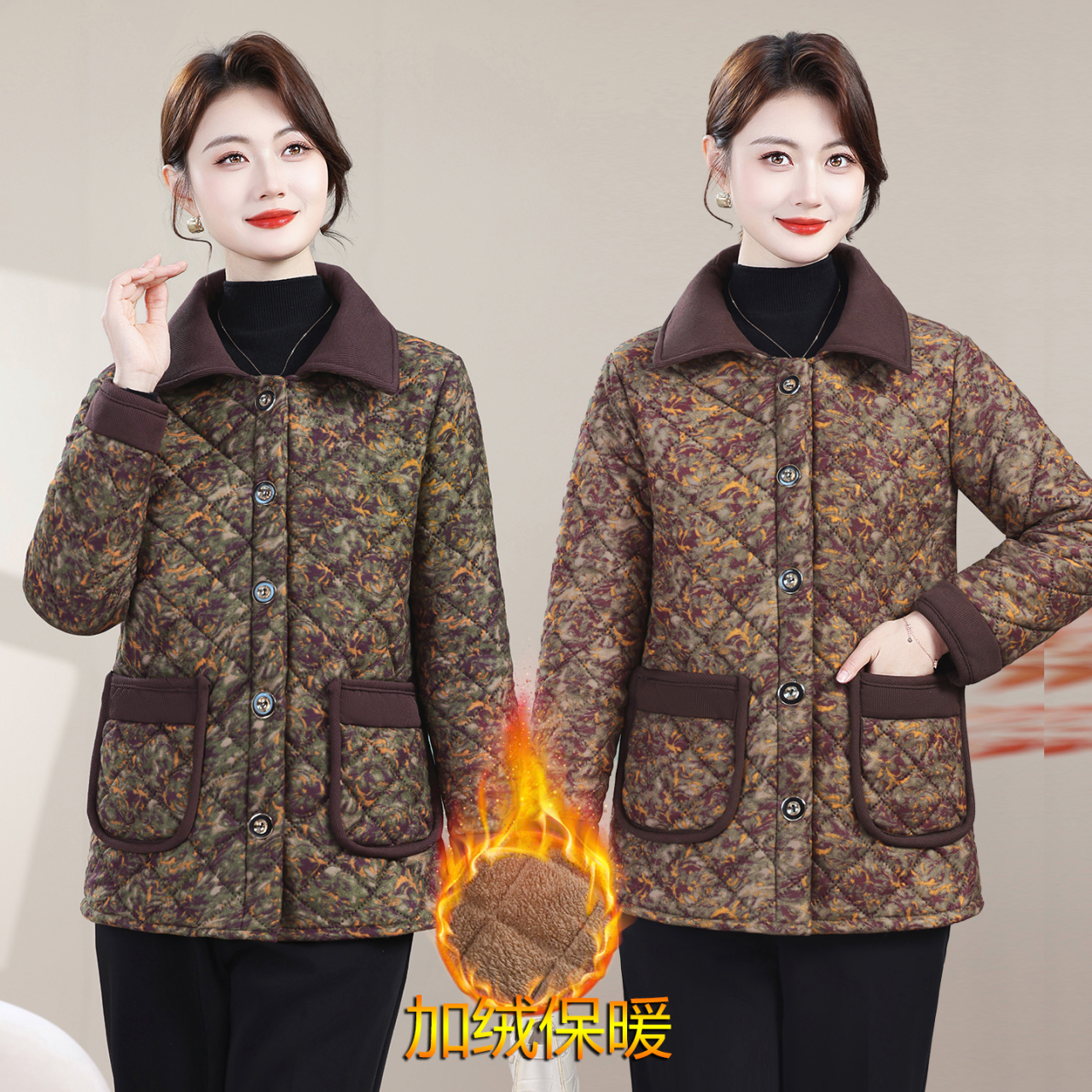 妈妈秋冬翻领碎花棉袄中老年女百搭减龄加绒加厚保暖洋气棉衣外套