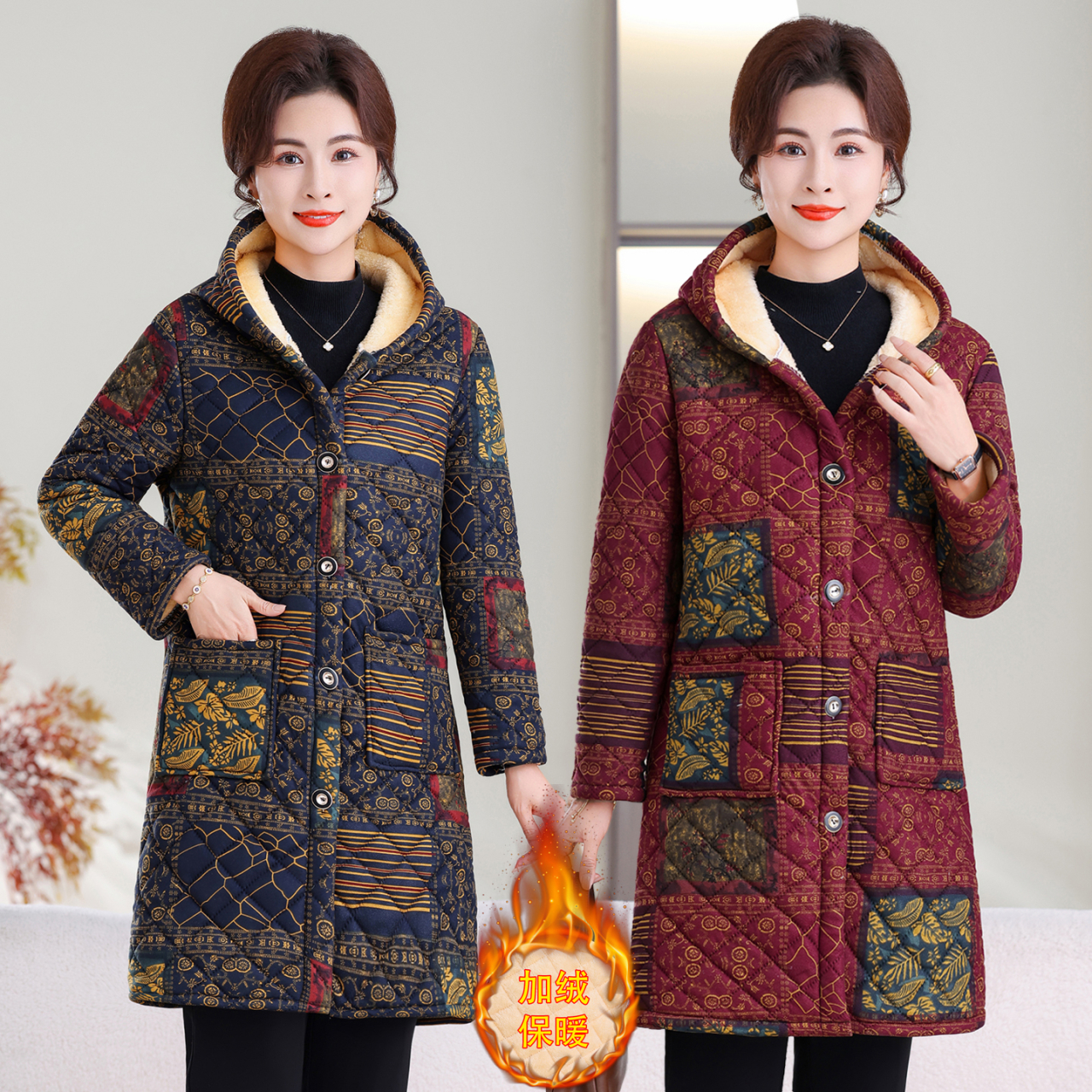民族风网红爆款加绒棉服女中老年妈妈秋冬连帽中长款保暖棉袄外套