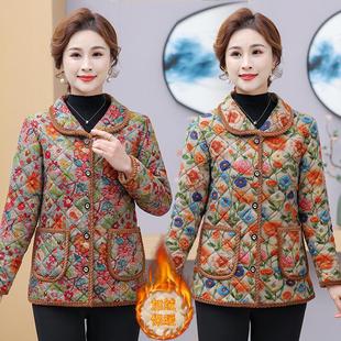 妈妈休闲网红爆款 加绒加厚中老年人女翻领保暖棉衣外套 花棉袄冬季
