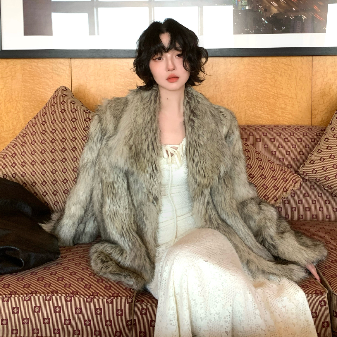 酒午自制优雅复古翻领长毛毛外套