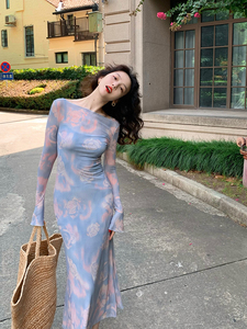 酒午自制春款复古晕染玫瑰网纱连衣裙+防走光内衬吊带裙两件套