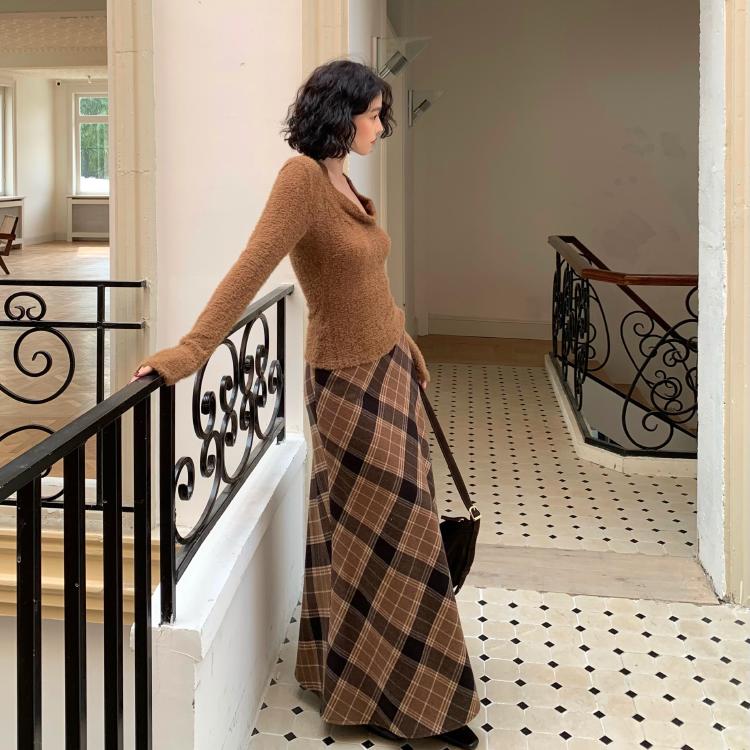 酒午自制秋冬格纹鱼尾高腰半身裙