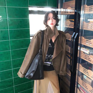 【双11】酒午港风复古2025春款新款做旧pu皮衣夹克外套女