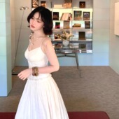 全棉v领吊带连衣裙 法式 酒午自制复古2025新款 海盐假日