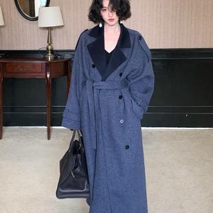 酒午自制【双11】2024秋冬季港风复古翻领羊毛呢子大衣风衣外套女