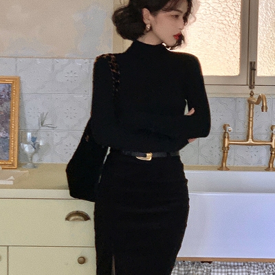 高领外穿打底衫黑色套头毛衣自制