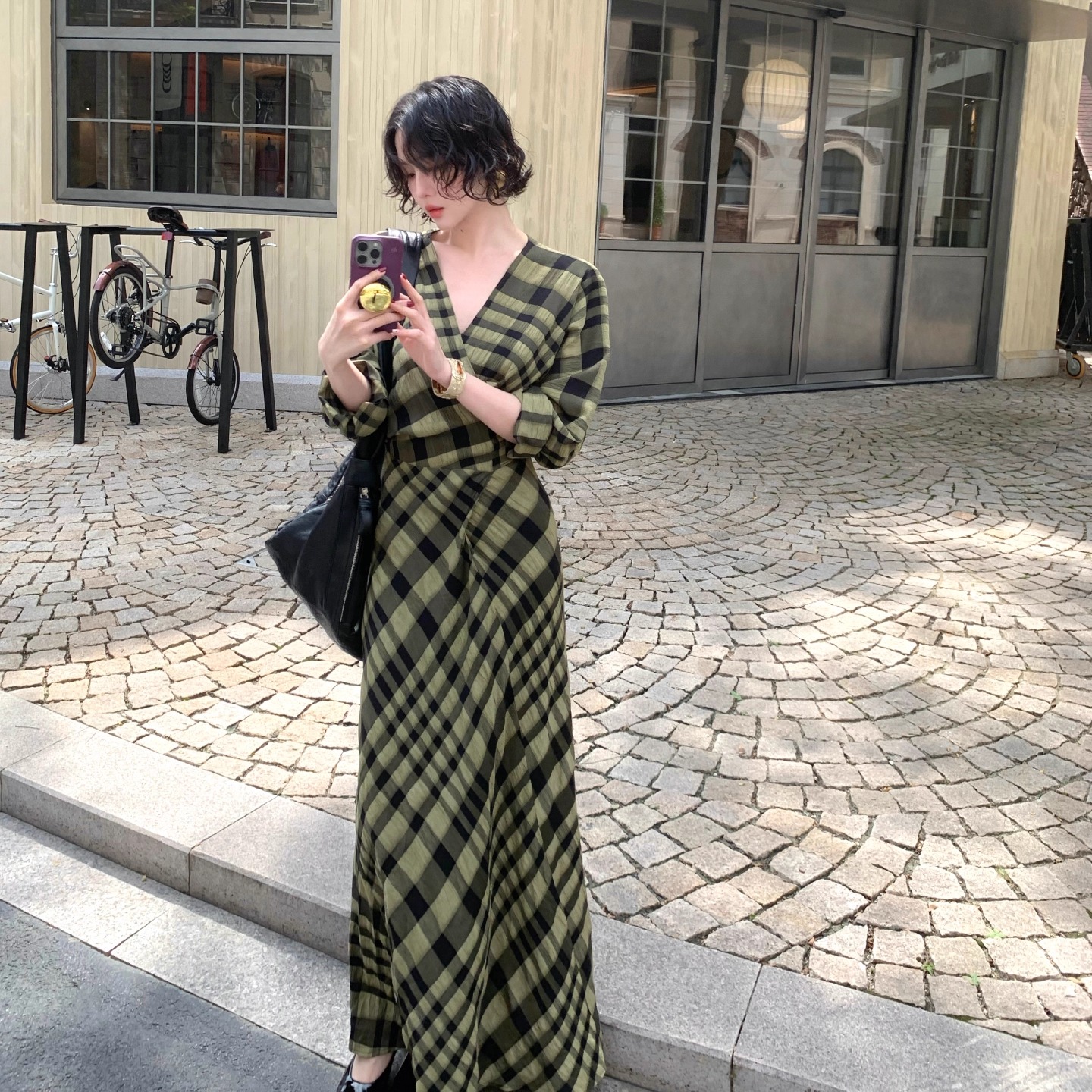 酒午自制复古格纹连衣裙含内搭