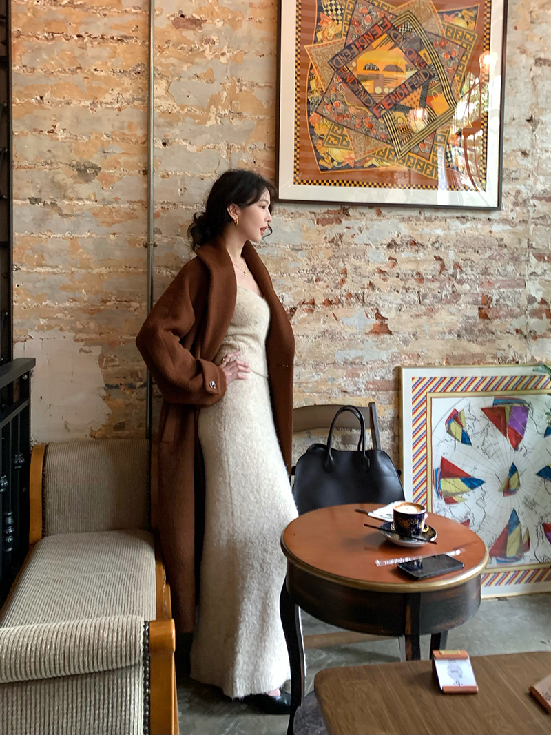 酒午自制翻领羊驼毛呢大衣外套女