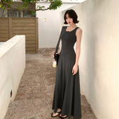 复古2025夏季 无袖 高腰大摆背心裙修身 酒午法式 长款 连衣裙女带胸垫