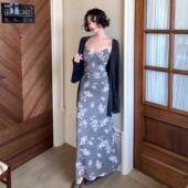 酒午自制 吊带连衣裙可内搭 V领印花长款 繁花叙 港风复古秋新款