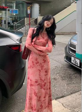 酒午自制【绘秋枝】港风复古网纱印花连衣裙+内搭吊带裙两件套装