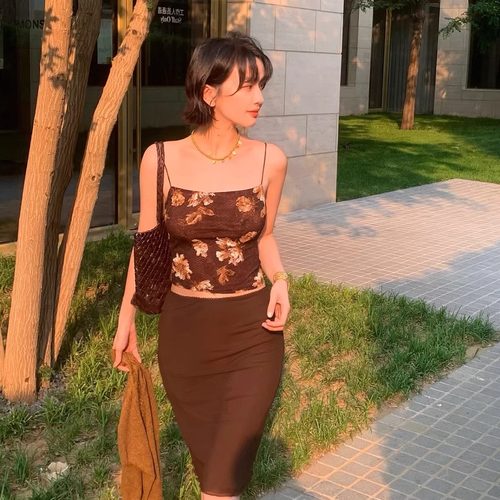 酒午自制法式复古印花吊带背心女