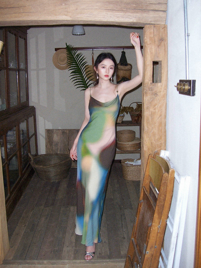 酒午自制【斑斓气泡】法式复古夏季2024人棉长款油画裙吊带连衣裙