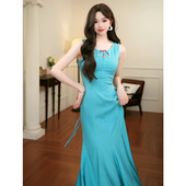 酒午 亚子专属 优雅气质棉麻胸前镂空收腰鱼尾连衣裙YS787