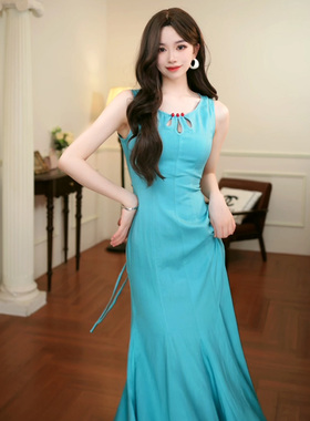 【亚子专属】 酒午 优雅气质棉麻胸前镂空收腰鱼尾连衣裙YS787