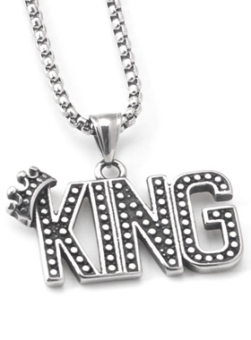 不锈钢复古时尚嘻哈hiphop字母KING皇冠吊坠钛钢男女街头长款项链