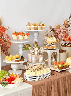 奶油色风格甜品摆件展示架生日蛋糕婚礼订婚摆台冷餐点心商务托盘