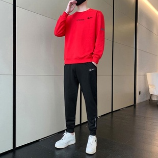 耐克顿休闲运动套装男士秋冬季新款加绒卫衣卫裤时尚帅气两件套潮