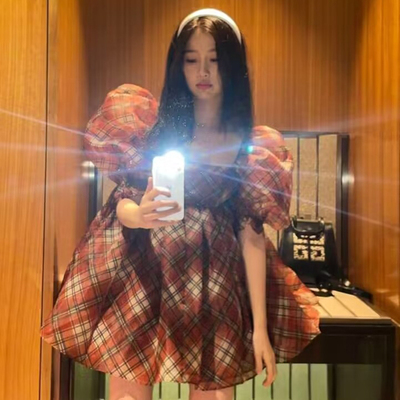 复古可爱一字领欧根纱连衣裙