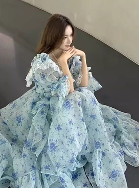2024年春夏selkie ocean青绿底蓝色紫藤花印花在逃公主蓬蓬连衣裙